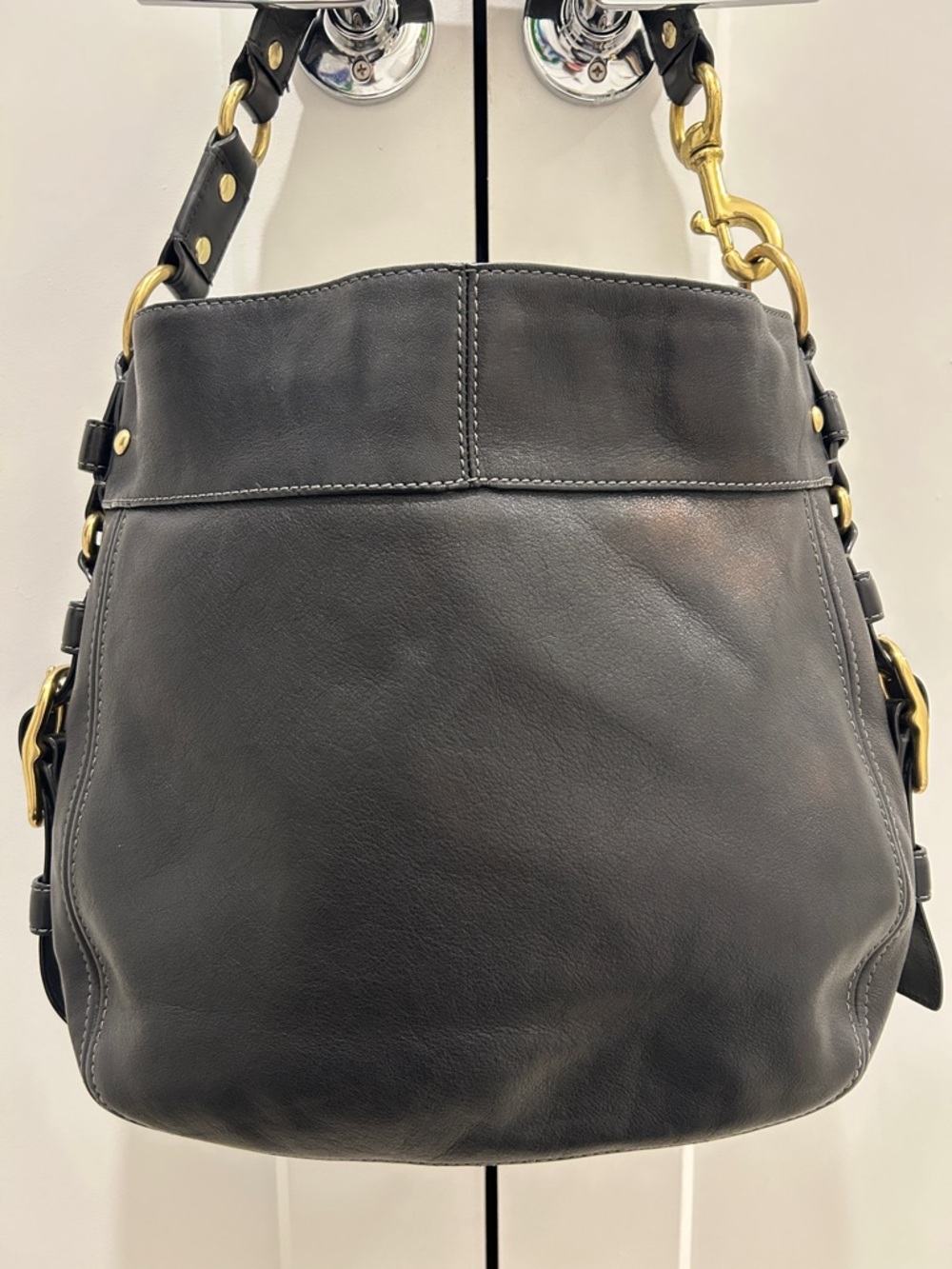 Coach Zoe Hobo Black Leather Shoulder Bag with Gold Accents - Picture 8 of 17